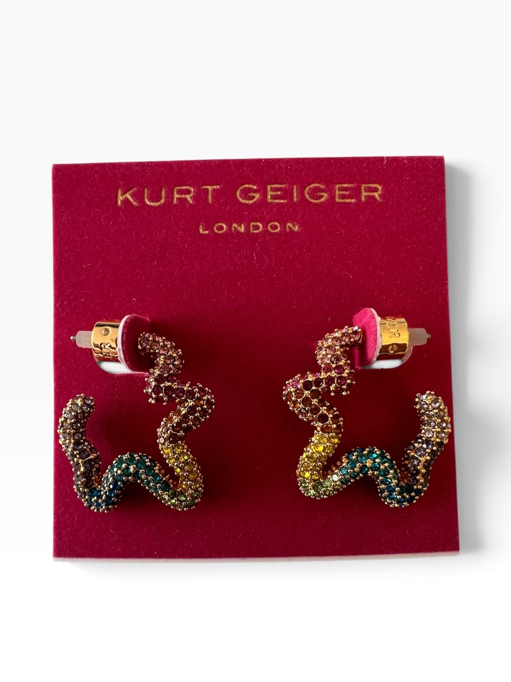 Kurt Geiger London NWT Gorgeous Rainbow Pave Squiggle Hoop Earrings w/pouch
